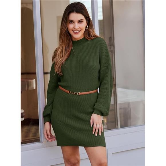 Women's Mock Neck Trendy Lantern Sleeve Sweater Dress Army Green - Picture 3 of 4